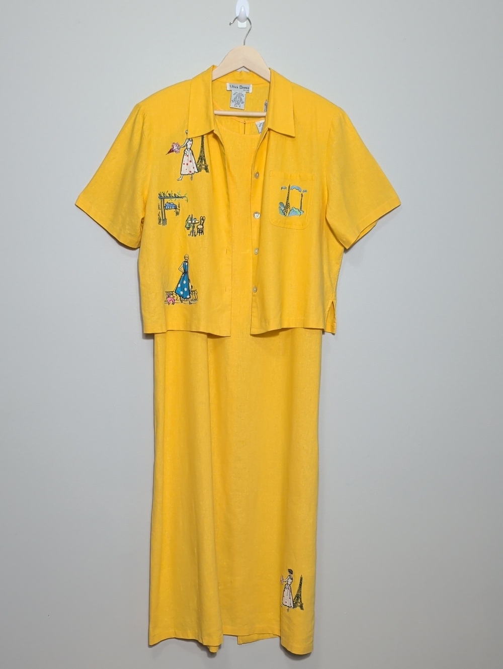Vtg 90s Yellow Linen‎ Two Piece Maxi Dress Set Paris Embroidery Euro Summer XL